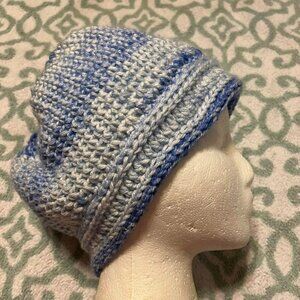 🐻New Handmade Blue Tone Messy Bun Beanie - 7.5"X22"-26"